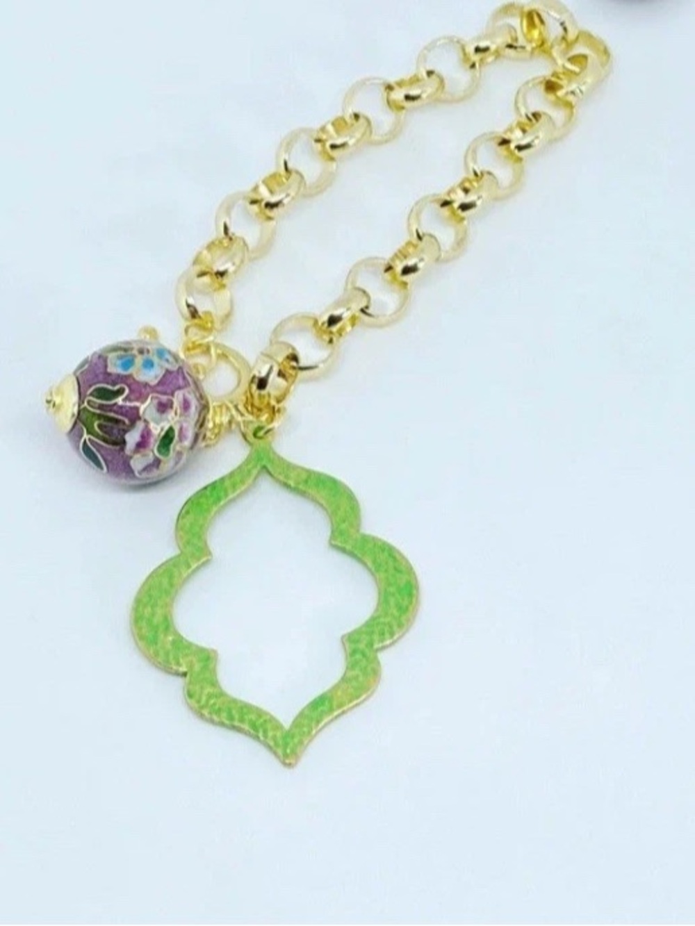 Gold Chain Bracelet with Green Enamel Quatrefoil Charm and Purple Cloisonné Bead